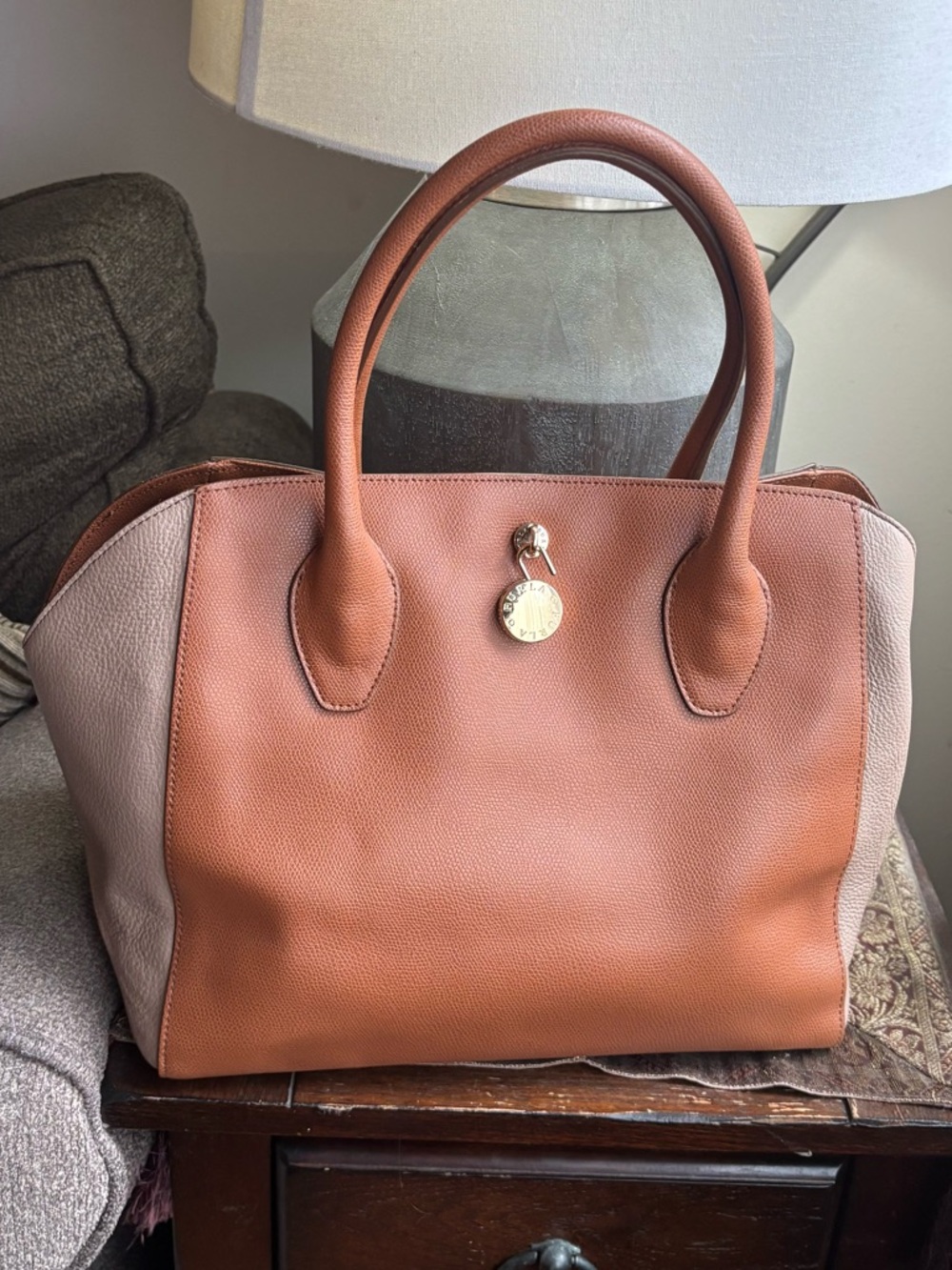 Authentic FURLA Two-Tone Brown & Taupe Leather snap closure  Tote